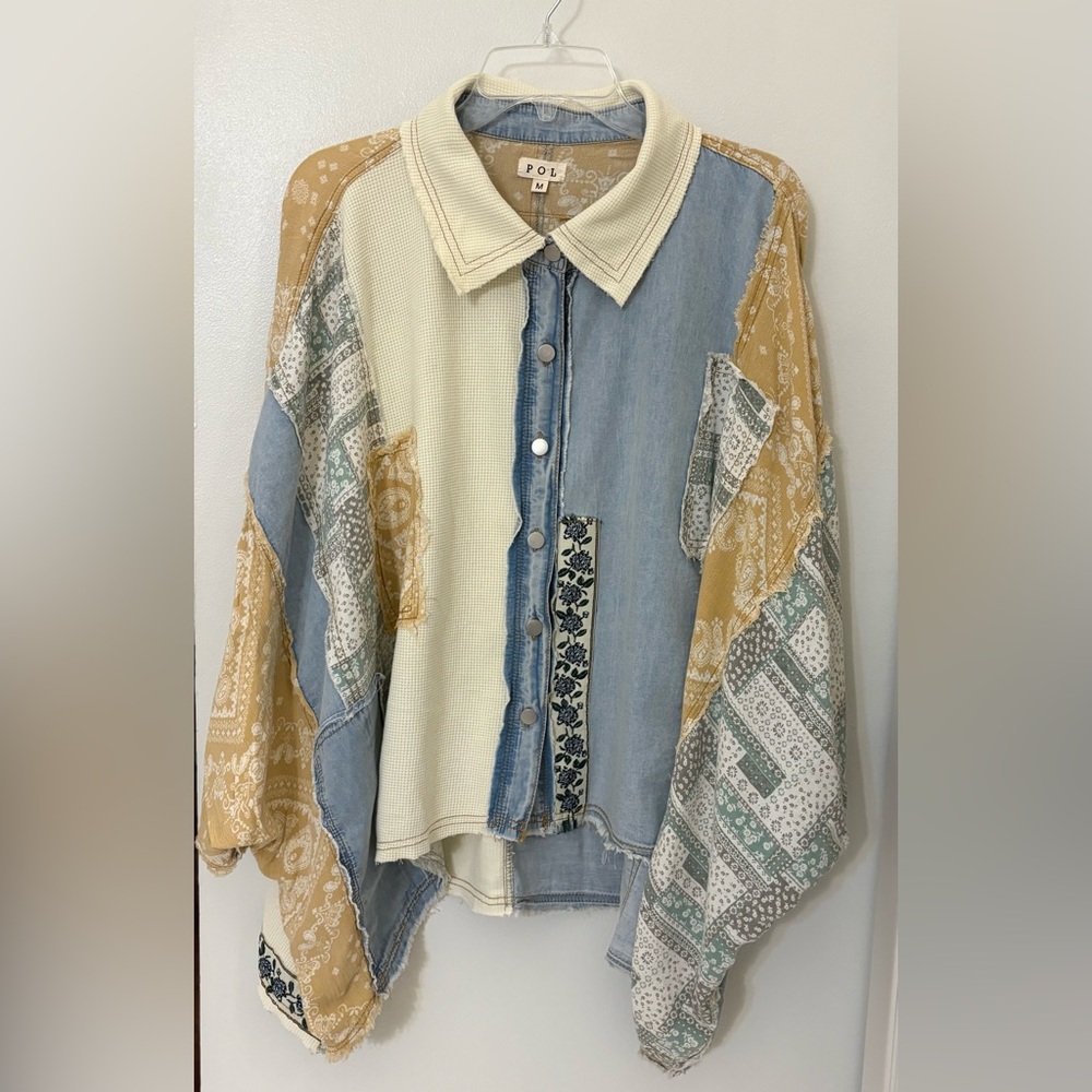 Pol Patchwork Boho Mixed Print Button Down Shirt … - image 1